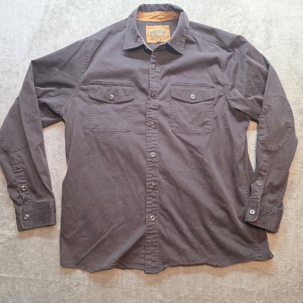 North River Button Up Shirt Mens L Brown Twill Long Sleeve Stretch Pockets